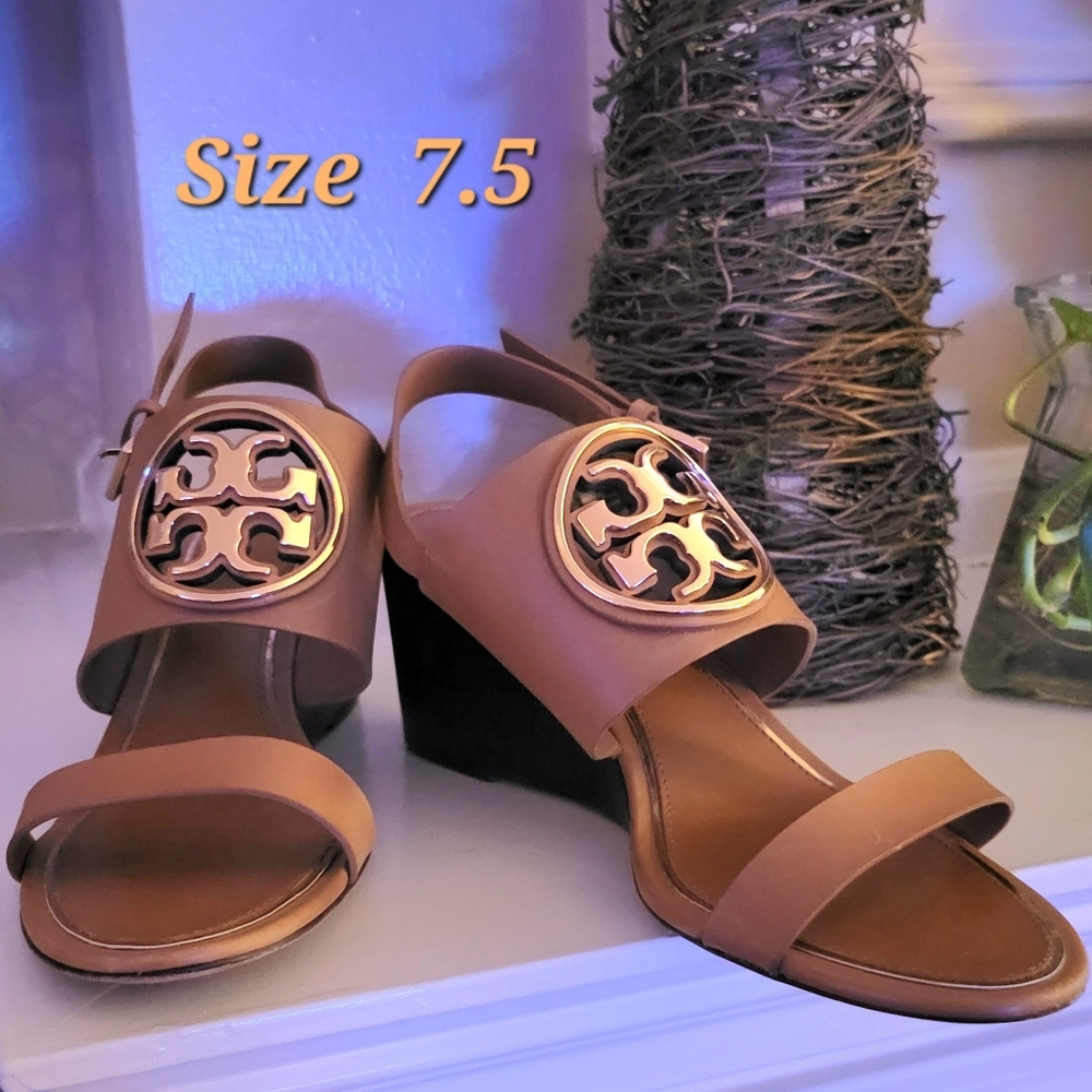 Tory Burch Metal Miller Wedge Heel Sandals Tan/Rose Gold Size 7.5